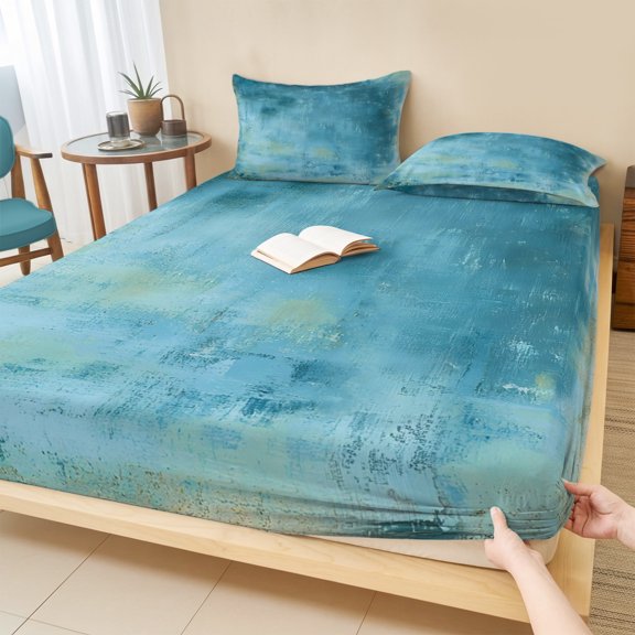 Twin Sze Fitted Sheet Set - Teal Blue 2 Piece Bedding Sets 16" Deep Pocket Fitted Sheet with 1 Pillowcase, Modern Abstract Simple Oil Painting Art Brushed Microfiber Hotel Luxury Bed Sheets
