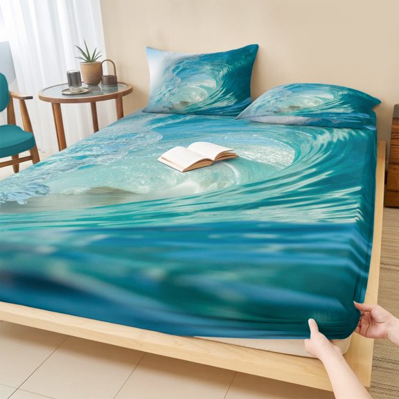 Twin Sze Fitted Sheet Set - Teal Blue Coastal Wave 2 Piece Bedding Sets 16" Deep Pocket Fitted Sheet with 1 Pillowcase, Modern Summer Ocean Beach Sea Brushed Microfiber Hotel Luxury Bed Sheets