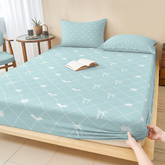 Twin Sze Fitted Sheet Set - Teal Blue Halloween 2 Piece Bedding Sets 16" Deep Pocket Fitted Sheet with 1 Pillowcase, Checkered Bat Bow Brushed Microfiber Hotel Luxury Bed Sheets