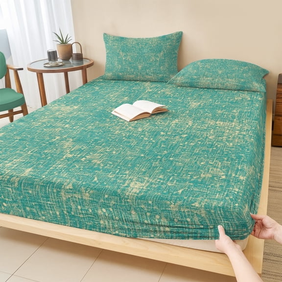 Twin Sze Fitted Sheet Set - Teal Green Terracotta Splatter 2 Piece Bedding Sets 16" Deep Pocket Fitted Sheet with 1 Pillowcase, Boho Mottled Vintage Rustic Brushed Microfiber Hotel Luxury Bed Sheets