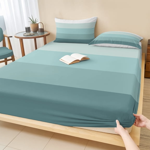 Twin Sze Fitted Sheet Set - Teal Ombre 2 Piece Bedding Sets 16" Deep Pocket Fitted Sheet with 1 Pillowcase, Modern Abstract Art Farmhouse Striped Brushed Microfiber Hotel Luxury Bed Sheets