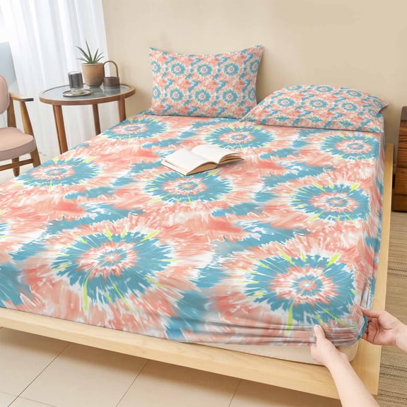 Twin Sze Fitted Sheet Set - Teal Orange 2 Piece Bedding Sets 16" Deep Pocket Fitted Sheet with 1 Pillowcase, Modern Tie Dyeing Contemporary Abstract Art Brushed Microfiber Hotel Luxury Bed Sheets