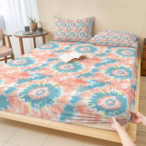 Twin Sze Fitted Sheet Set - Teal Orange 2 Piece Bedding Sets 16" Deep Pocket Fitted Sheet with 1 Pillowcase, Modern Tie Dyeing Contemporary Abstract Art Brushed Microfiber Hotel Luxury Bed Sheets