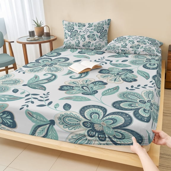 Twin Sze Fitted Sheet Set - Teal Paisley Floral 2 Piece Bedding Sets 16" Deep Pocket Fitted Sheet with 1 Pillowcase, Boho Vintage Flowers Ethnic Brushed Microfiber Hotel Luxury Bed Sheets