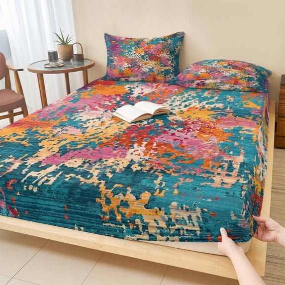Twin Sze Fitted Sheet Set - Teal Red Yellow Copper Rust 2 Piece Bedding Sets 16" Deep Pocket Fitted Sheet with 1 Pillowcase, Abstract Vintage Mottled Art Brushed Microfiber Hotel Luxury Bed Sheets