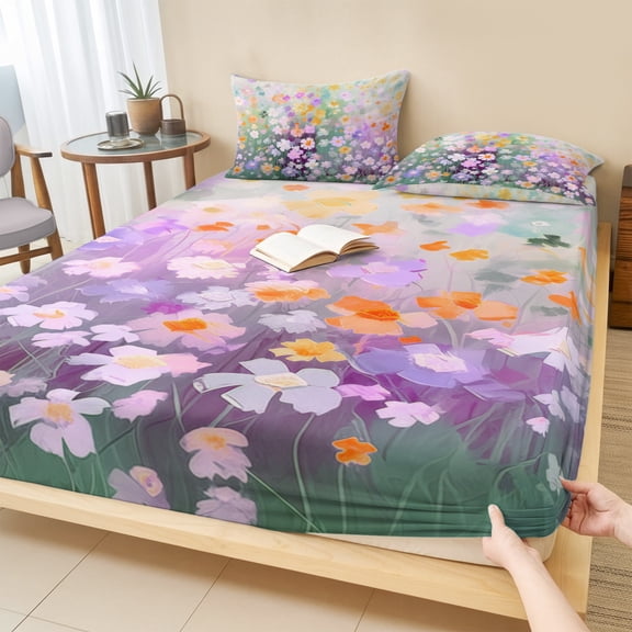 Twin Sze Fitted Sheet Set - Teal Spring Floral 2 Piece Bedding Sets 16" Deep Pocket Fitted Sheet with 1 Pillowcase, Modern Oil Painted Daisy Botanical Brushed Microfiber Hotel Luxury Bed Sheets