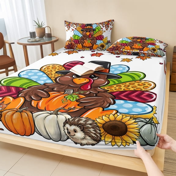 Twin Sze Fitted Sheet Set - Thanksgiving 2 Piece Bedding Sets 16" Deep Pocket Fitted Sheet with 1 Pillowcase, Fall Turkey Pumpkin Squirrel Hedgehog Maple Brushed Microfiber Hotel Luxury Bed Sheets
