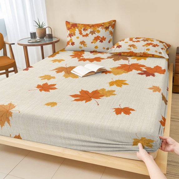 Twin Sze Fitted Sheet Set - Thanksgiving 2 Piece Bedding Sets 16" Deep Pocket Fitted Sheet with 1 Pillowcase, Retro Orange Fall Maple Leaves Autumn Brushed Microfiber Hotel Luxury Bed Sheets