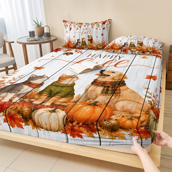 Twin Sze Fitted Sheet Set - Thanksgiving Dog Cat 2 Piece Bedding Sets 16" Deep Pocket Fitted Sheet with 1 Pillowcase, Fall Pumpkin Maple Leaves Wooden Brushed Microfiber Hotel Luxury Bed Sheets