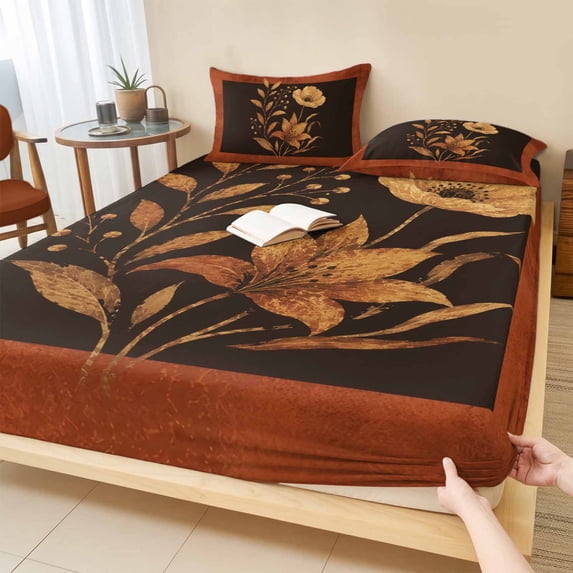Twin Sze Fitted Sheet Set - Thanksgiving Fall 2 Piece Bedding Sets 16" Deep Pocket Fitted Sheet with 1 Pillowcase, Farmhouse Vintage Botanical Flowers Brushed Microfiber Hotel Luxury Bed Sheets