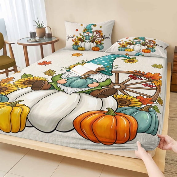 Twin Sze Fitted Sheet Set - Thanksgiving Pumpkin 2 Piece Bedding Sets 16" Deep Pocket Fitted Sheet with 1 Pillowcase, Fall Maple Gnomes Cartoon Art Beige Brushed Microfiber Hotel Luxury Bed Sheets