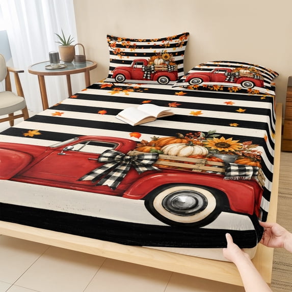 Twin Sze Fitted Sheet Set - Thanksgiving Truck 2 Piece Bedding Sets 16" Deep Pocket Fitted Sheet with 1 Pillowcase, Fall Maple Leaves Pumpkins Floral Striped Brushed Microfiber Hotel Bed Sheets