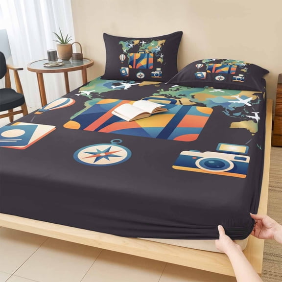 Twin Sze Fitted Sheet Set - Travel Adventure 2 Piece Bedding Sets 16" Deep Pocket Fitted Sheet with 1 Pillowcase, Abstract Art Maps Suitcase Hot Balloons Brushed Microfiber Hotel Luxury Bed Sheets