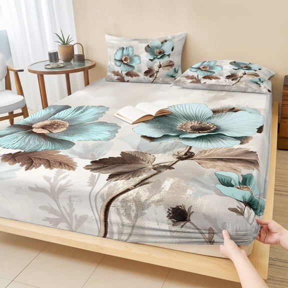 Twin Sze Fitted Sheet Set - Tulip Flower 2 Piece Bedding Sets 16" Deep Pocket Fitted Sheet with 1 Pillowcase, Teal Brown Vintage Floral Plant Botanical Brushed Microfiber Hotel Luxury Bed Sheets
