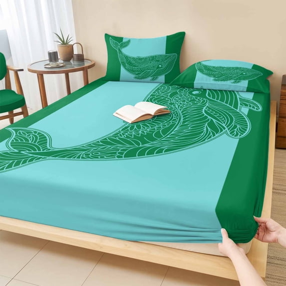 Twin Sze Fitted Sheet Set - Turquoise Blue Whale 2 Piece Bedding Sets 16" Deep Pocket Fitted Sheet with 1 Pillowcase, Summer Beach Coastal Modern Art Brushed Microfiber Hotel Luxury Bed Sheets