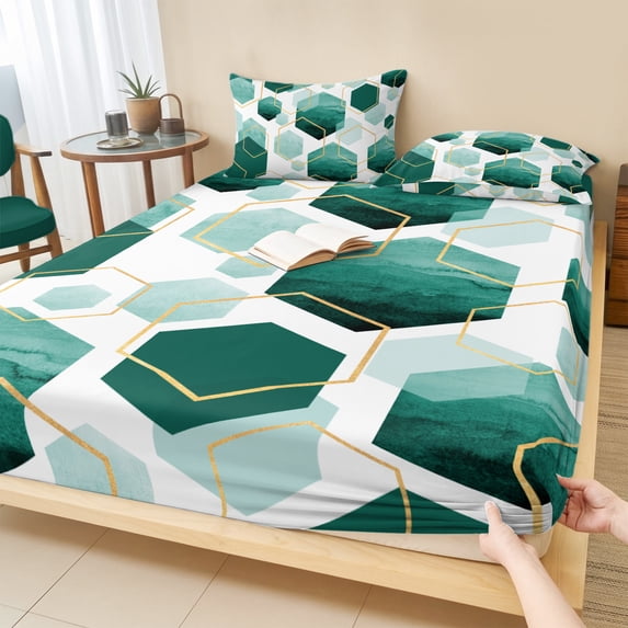Twin Sze Fitted Sheet Set - Turquoise Marble 2 Piece Bedding Sets 16" Deep Pocket Fitted Sheet with 1 Pillowcase, Gold White Geometric Hexagon Modern Brushed Microfiber Hotel Luxury Bed Sheets