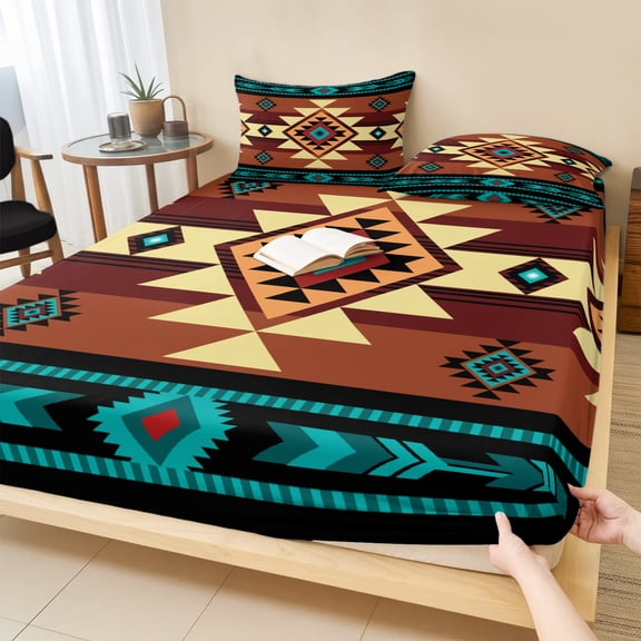 Twin Sze Fitted Sheet Set - Turquoise Red 2 Piece Bedding Sets 16" Deep Pocket Fitted Sheet with 1 Pillowcase, Southwest American Native Abstract Pattern Brushed Microfiber Hotel Luxury Bed Sheets