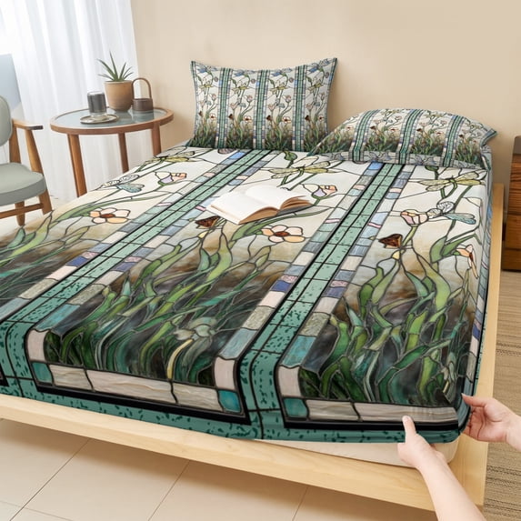 Twin Sze Fitted Sheet Set - Vintage Floral 2 Piece Bedding Sets 16" Deep Pocket Fitted Sheet with 1 Pillowcase, Retro Abstract Art Summer Flowers Watercolor Brushed Microfiber Hotel Luxury Bed Sheets