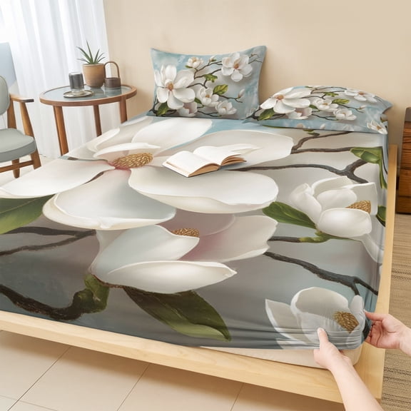 Twin Sze Fitted Sheet Set - Vintage Flowers 2 Piece Bedding Sets 16" Deep Pocket Fitted Sheet with 1 Pillowcase, White Country Lily Floral Plant Branch Brushed Microfiber Hotel Luxury Bed Sheets