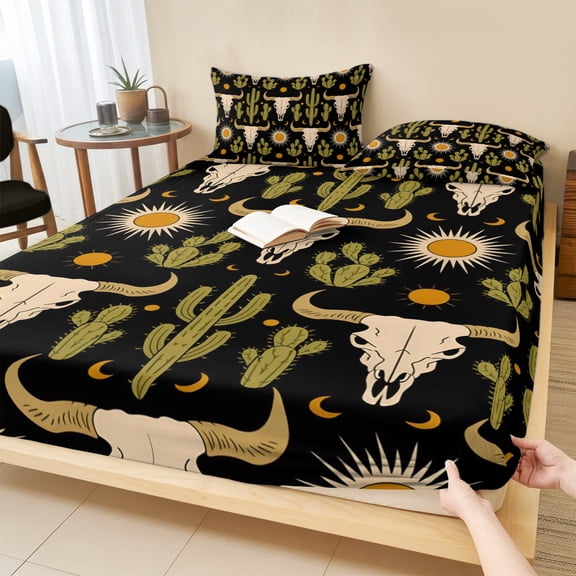 Twin Sze Fitted Sheet Set - Western Cowboy 2 Piece Bedding Sets 16" Deep Pocket Fitted Sheet with 1 Pillowcase, Boho Ethnic Cow Head Cactus Vintage Brushed Microfiber Hotel Luxury Bed Sheets