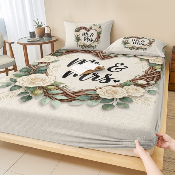Twin Sze Fitted Sheet Set - White Rose 2 Piece Bedding Sets 16" Deep Pocket Fitted Sheet with 1 Pillowcase, Romantic Wedding Flowers Eucalyptus Leaves Brushed Microfiber Hotel Luxury Bed Sheets