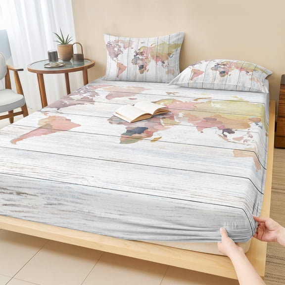 Twin Sze Fitted Sheet Set - World Map 2 Piece Bedding Sets 16" Deep Pocket Fitted Sheet with 1 Pillowcase, Farmhouse Abstract Illustration Wooden Grain Brushed Microfiber Hotel Luxury Bed Sheets