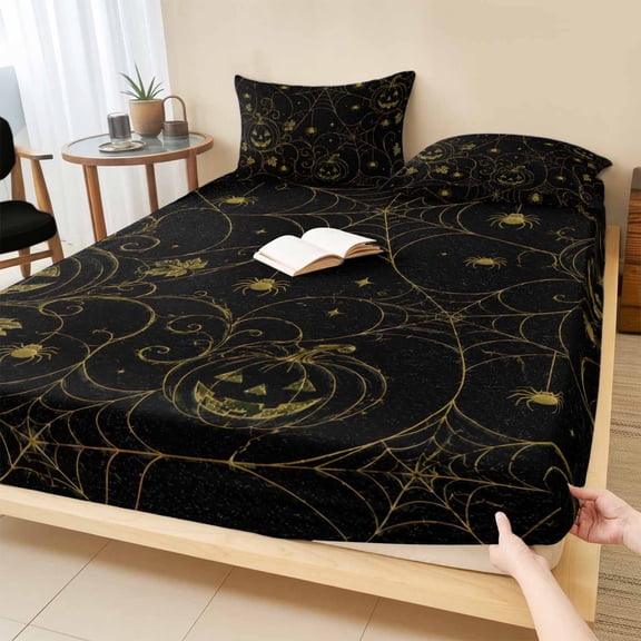 Twin Sze Fitted Sheet Set - Yellow Halloween 2 Piece Bedding Sets 16" Deep Pocket Fitted Sheet with 1 Pillowcase, Pumpkins Spiders Webs Classic Black Brushed Microfiber Hotel Luxury Bed Sheets