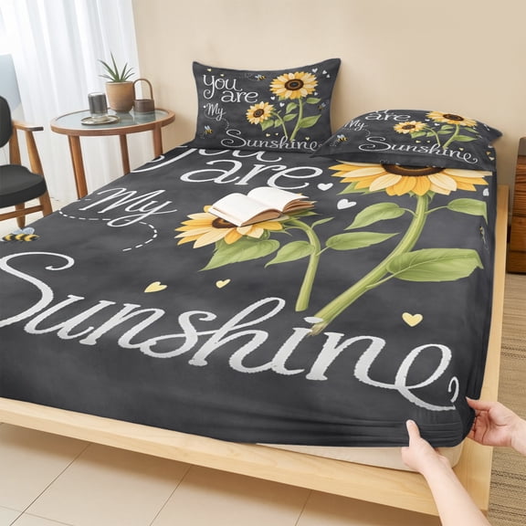 Twin Sze Fitted Sheet Set - You Are My Sunshine 2 Piece Bedding Sets 16" Deep Pocket Fitted Sheet with 1 Pillowcase, Yellow Sunflowers Cute Bees Heart Dark Gray Brushed Microfiber Hotel Bed Sheets