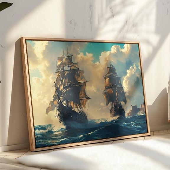 Twin Tall Ships On The Open Sea – Vintage Nautical Maritime Wall Art With Coastal Fortress And Ocean Spray Wall Art, Modern Wall Decor, 12x18 UNFRAMED