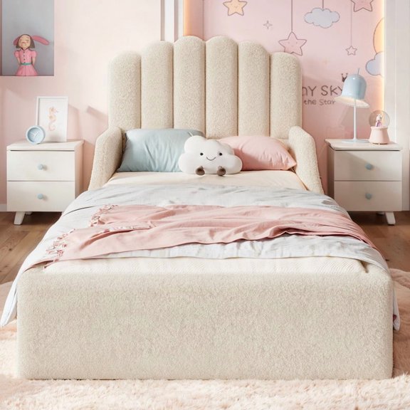 Twin Teddy Fabric Upholstered Floor Bed, Stylish Upholstered Kids Bed, Low Profile Children Bed Frame, Soft Plush Upholstered Floor Bed for Kids &Teens
