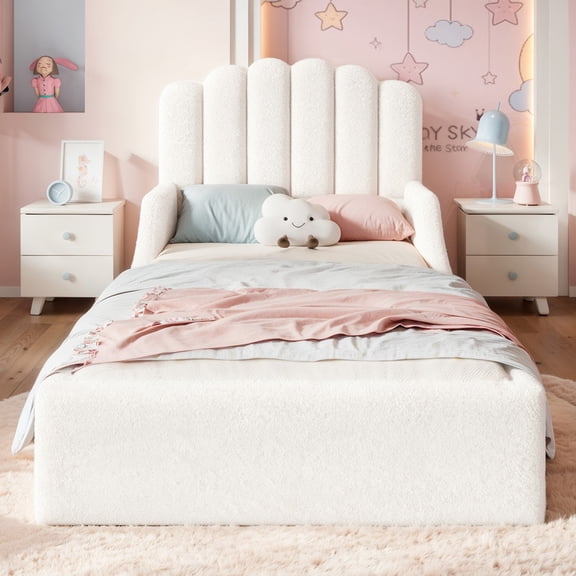 Twin Teddy Fabric Upholstered Floor Bed, Stylish Upholstered Kids Bed, Low Profile Children Bed Frame, Soft Plush Upholstered Floor Bed for Kids &Teens