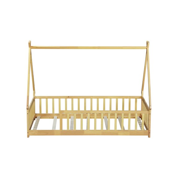Twin Tent-shaped Floor Bed, Natural Rubber Wood Teepee Bed with Guardrails and 7 Support Slats, No Spring Box Needed, Fits 6 Inch Mattress for Kids Bedroom