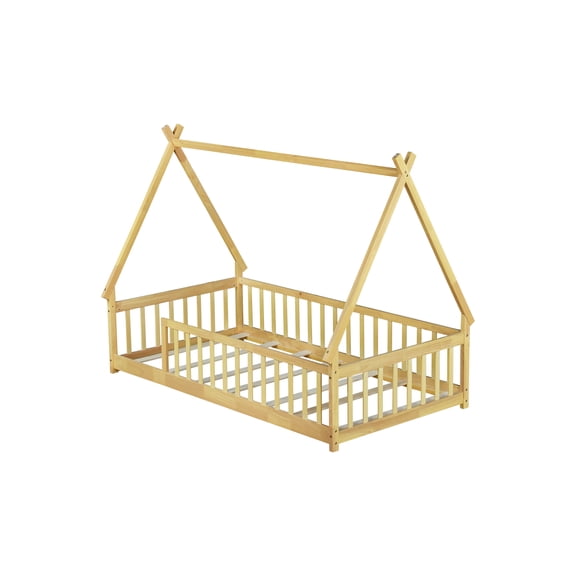 Twin Tent-shaped Floor Bed,Teepee Bed with Guardrails,Slats,Natural