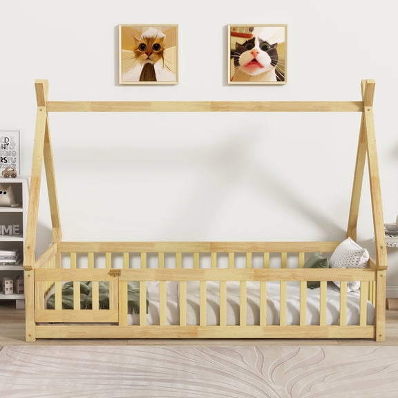 Twin Tent-shaped Floor Bed, Teepee Bed with Guardrails, Slats and Door, Natural