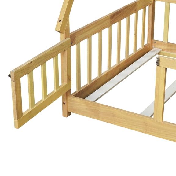 Twin Tent-shaped Floor Bed,Teepee Bed with Guardrails,Slats and Door,Natural