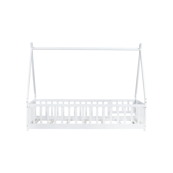 Twin Tent-Shaped Floor Bed with Guardrails & Door, Rubber Wood Teepee Bed Frame, White, 77" L, Inspires Imagination for Bedroom Play & Cozy Sleep