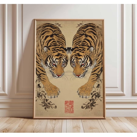 Twin Tigers Poster, Vintage Japanese Animal Wall Art