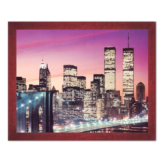 Twin Towers at Dusk with Brooklyn Bridge  New York City Manhattan Night Art Print 16x20 Cherry Frame with Real Glass