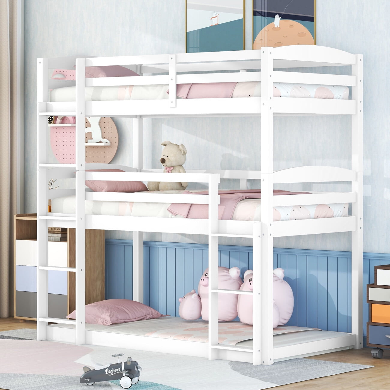 Twin over Twin over Twin Triple Bunk Bed 3 in 1 Bunk Beds Frame Convert into One Bunk Bed and A Platform Bed Triple Bunk Bed with Ladder and Full length Guardrails for Kids Bedroom