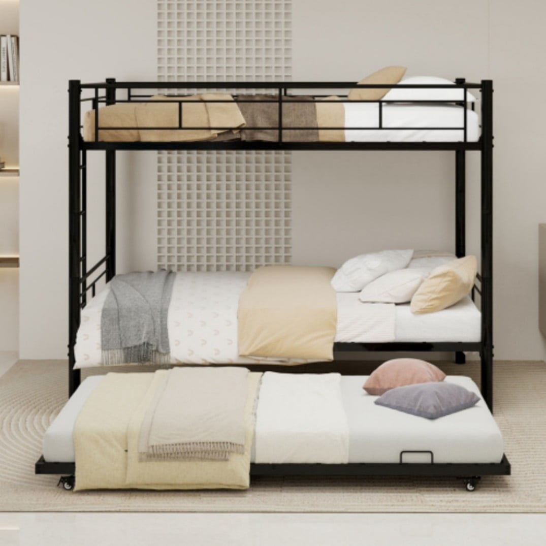 Twin Triple Bunk Bed, 3-in-1 Convertible Metal Bunk Bed Frame, Space-Saving Design with Guardrails & Ladder, Heavy-Duty Iron, Black
