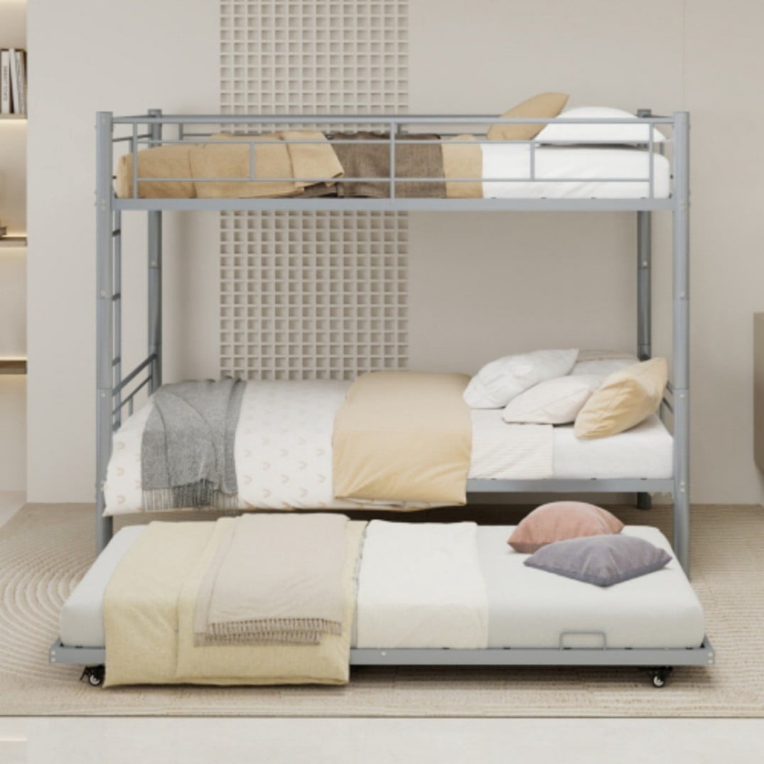 Twin Triple Bunk Bed, 3-in-1 Convertible Metal Bunk Bed Frame, Space-Saving Design with Guardrails & Ladder, Heavy-Duty Iron, Silver