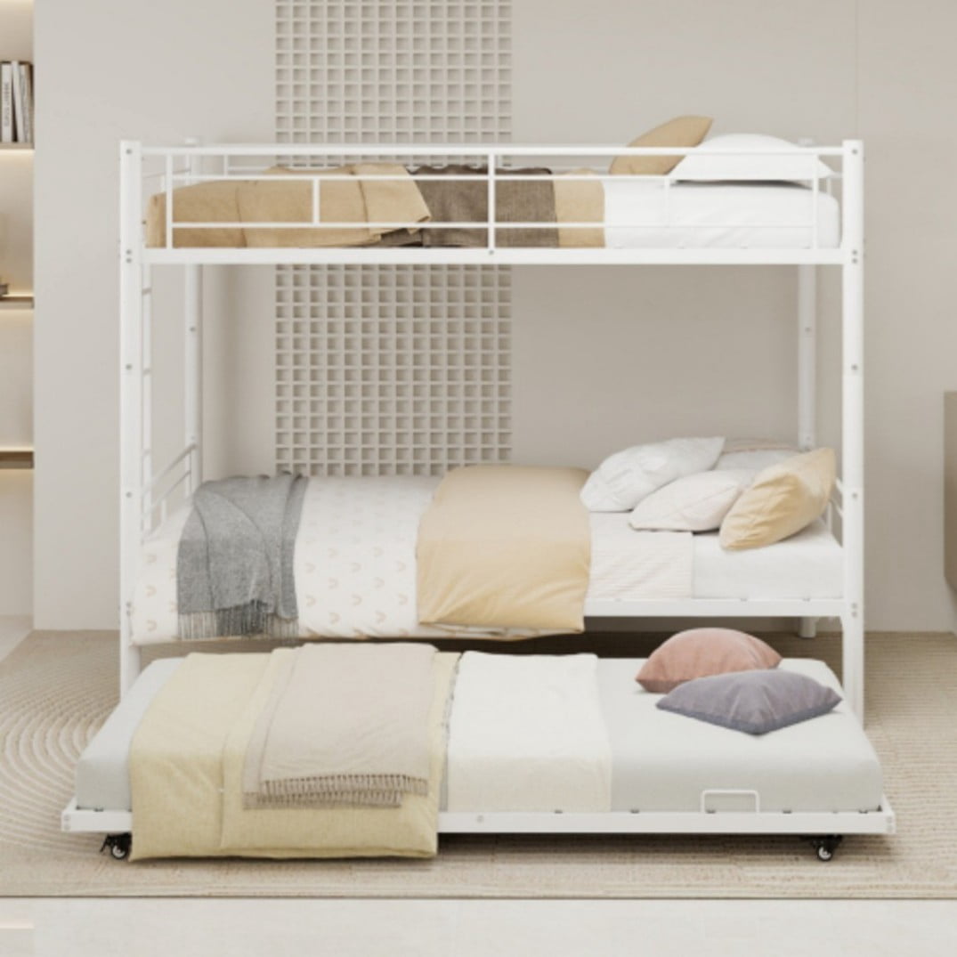 Twin Triple Bunk Bed, 3-in-1 Convertible Metal Bunk Bed Frame, Space-Saving Design with Guardrails & Ladder, Heavy-Duty Iron, White