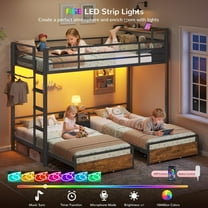 Twin Triple Bunk Bed with Desk and 5 Storage Drawers Twin Over Twin Metal Bunk Bed with LED Lights and Charging Station, Heavy Duty Loft Bed with Safety Guardrail and Ladder for Adults, Black