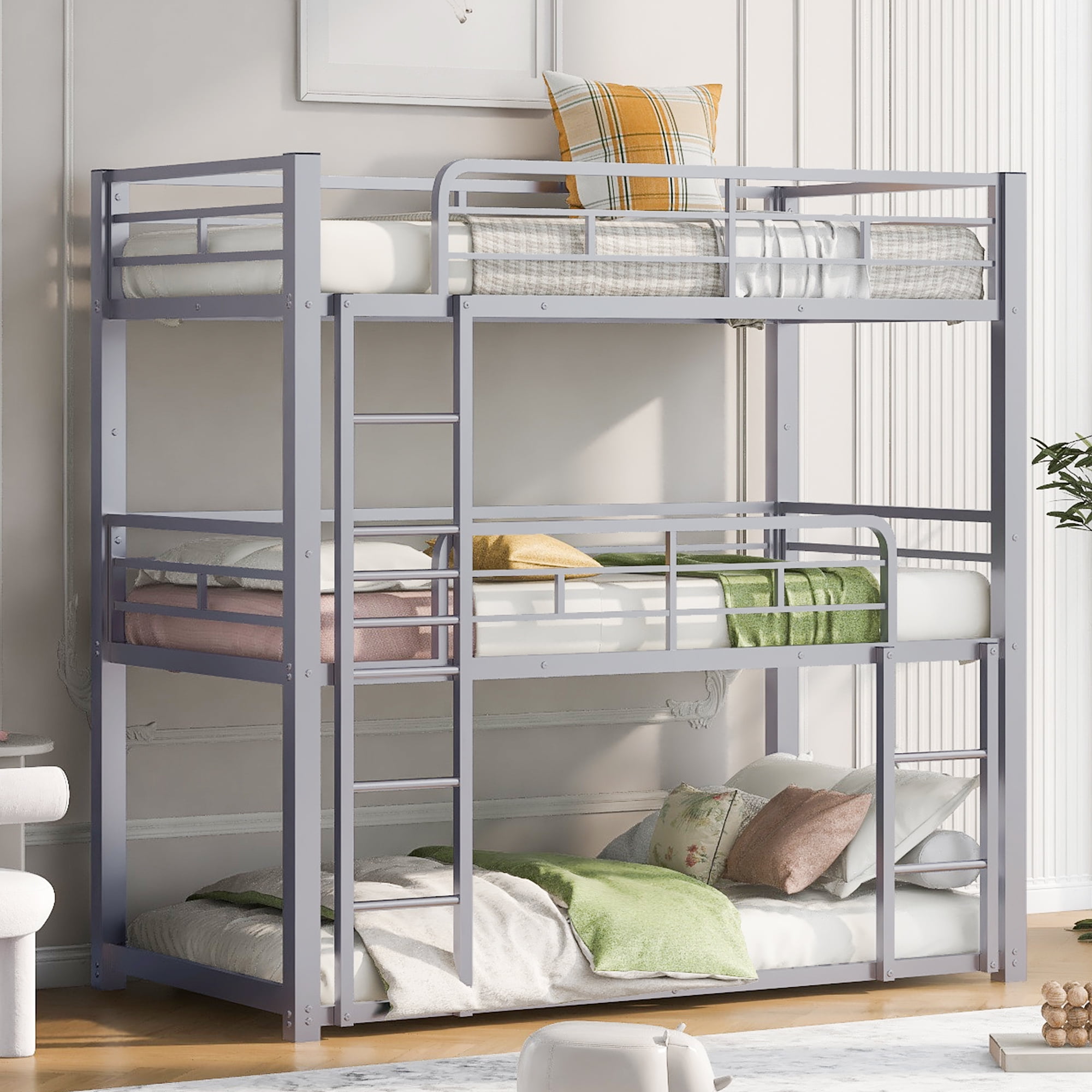Full XL over Twin XL over Queen Size Triple Bunk Bed with Long and ...