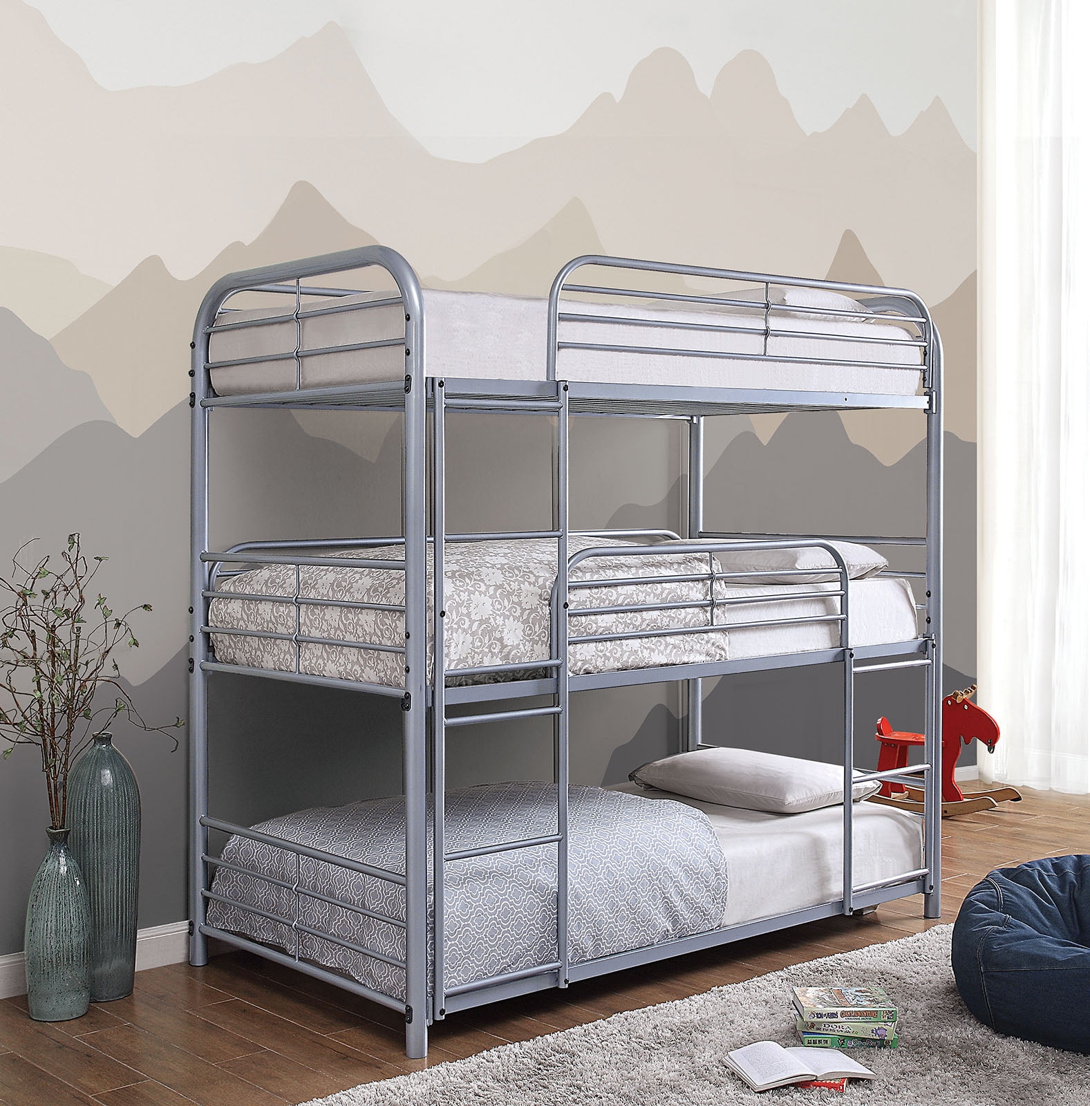 Twin Triple Decker Bed Contemporary Silver 3Tiered Bunk Bed Full
