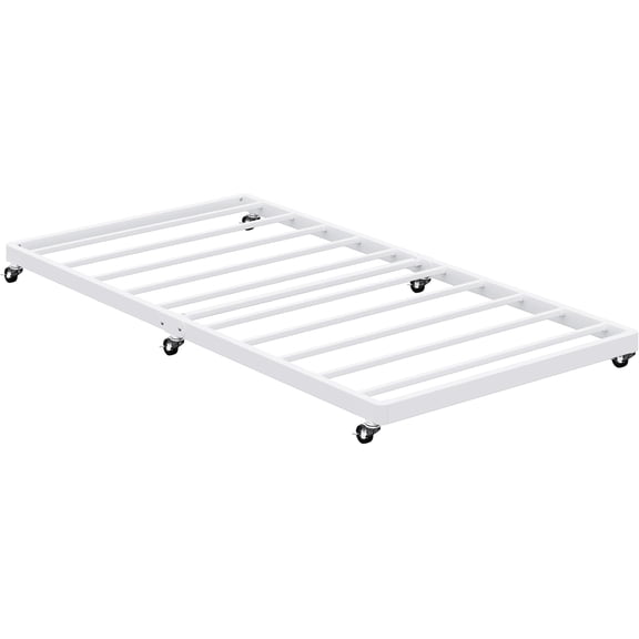Twin Trundle Bed Frame with Metal Slats, Roll-Out Design, Easy Assembly Steel Frame with Lockable Wheels, Noiseless Pull Out Bed for Bedroom, Living Room or Guest Room