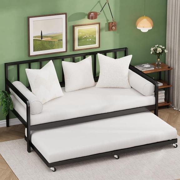 Twin Trundle Bed Frame with Metal Slats, Roll-Out Design, Easy Assembly Steel Frame with Lockable Wheels, Noiseless Pull Out Bed, Black