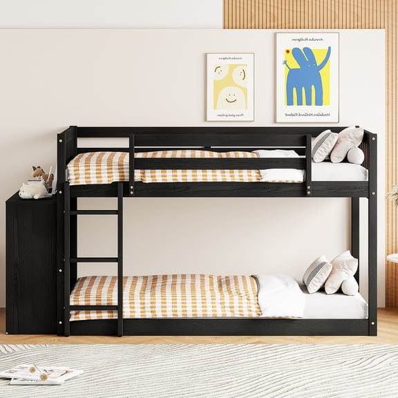 Twin over Twin Bunk Bed with 4 Drawers & 3 Shelves, Solid Pine Construction, Ladder Installs on Either Side, Full-Length Guardrails, No Box Spring Needed, Espresso