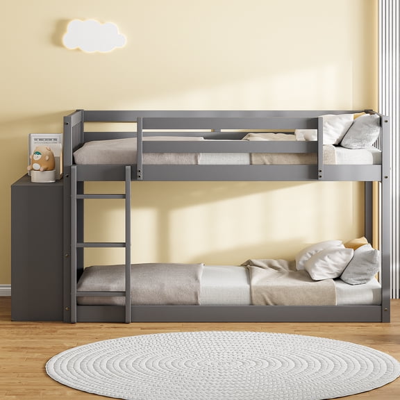 Twin over Twin Bunk Bed with 4 Drawers & 3 Shelves, Solid Pine Construction, Ladder Installs on Either Side, Full-Length Guardrails, No Box Spring Needed, Gray