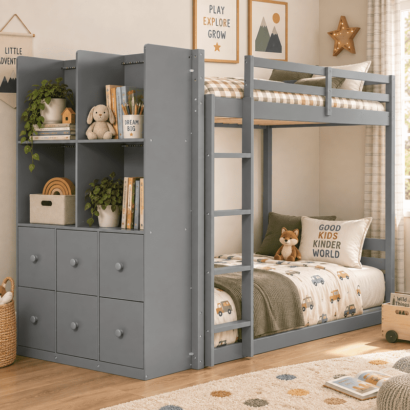 Twin Over Twin Bunk Bed with 6 Storage Drawers, 2-Tier Shelves & LED Light Strip, Reversible Wooden Bunk Bed Frame, Space-Saving Kids Bedroom Furniture